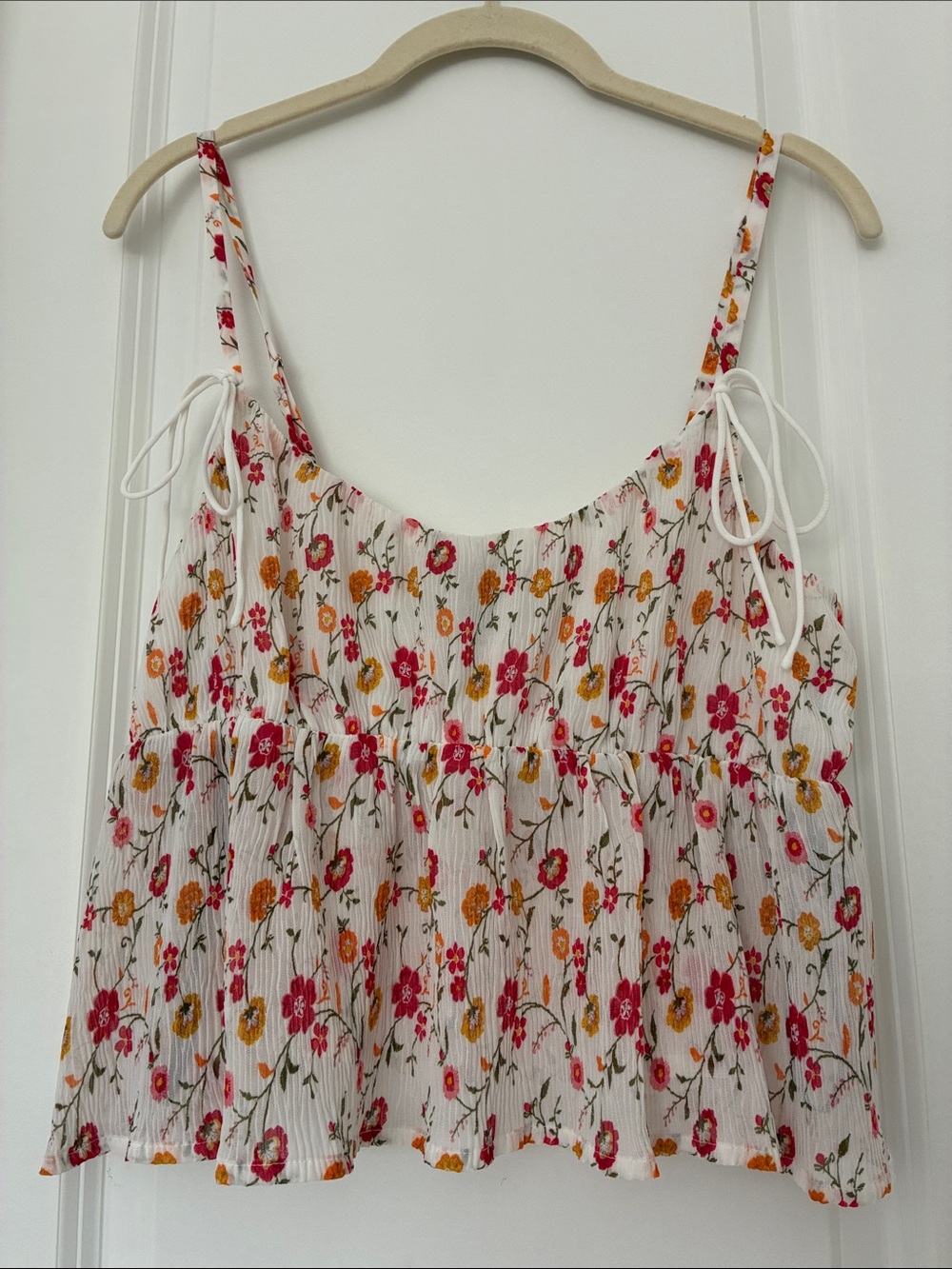 Forever 21 White Floral Tie-Strap Tank with Pink & Gold Blooms